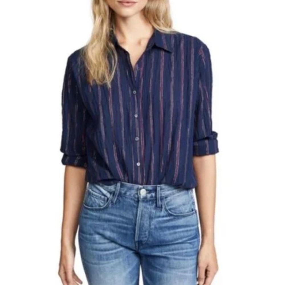 XIRENA Beau Tuxedo Stripe Button Down Shirt Size Small EUC Made In USA 19